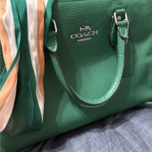 Coach Green Pebbled Leather Tote with Scarf Accent